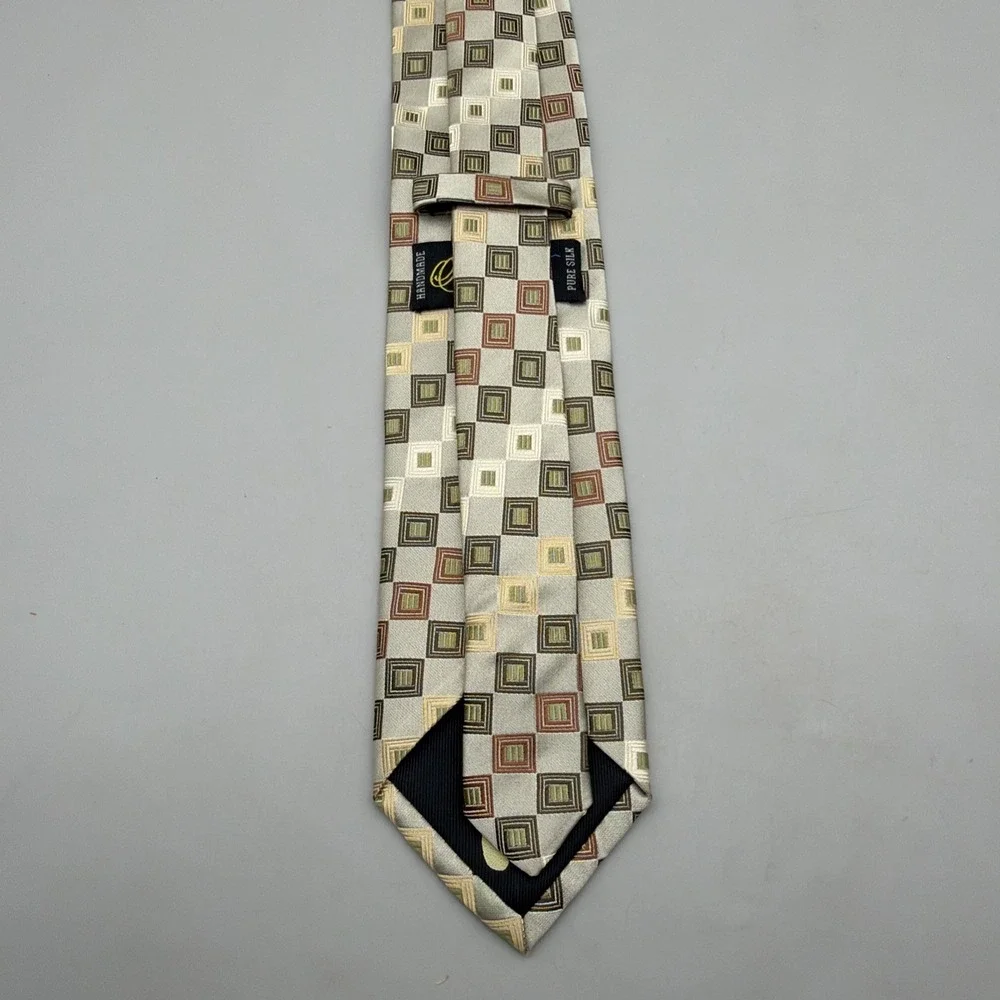 Peacock Necktie Handmade Pure Silk Beige Brown Geometric Pattern Tie 58